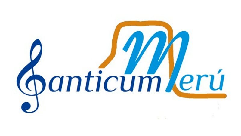 Updated logo of the female choir Canticum Merú, featuring blue and light blue typography, a treble clef, and a simplified waterfall illustration