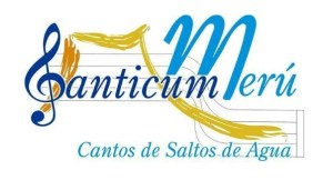 Old logo of the female choir Canticum Merú, featuring blue and light blue typography, a treble clef, and a waterfall illustration