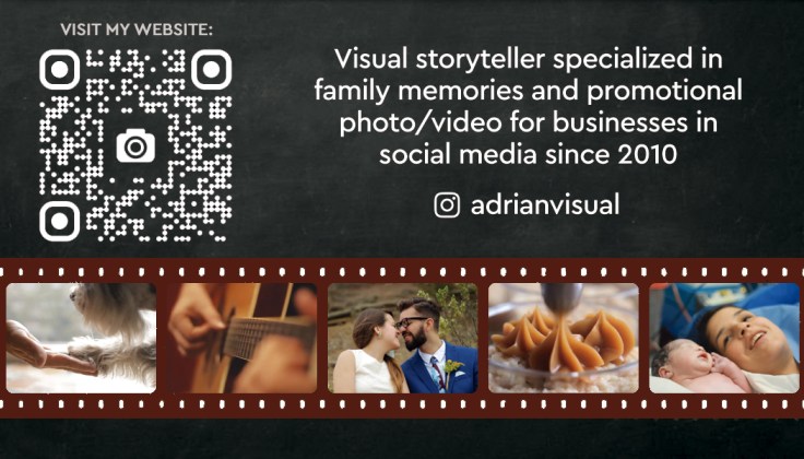 Business card back with QR code, visual storyteller description, Instagram handle, and film strip with photography examples