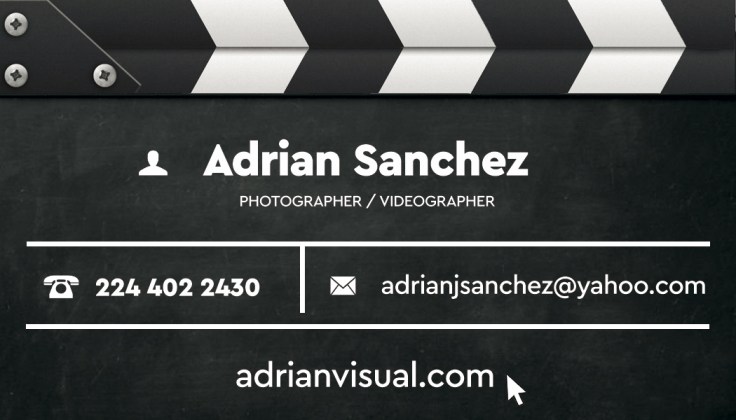 Business card front with film clapper board background, Adrian Sanchez name, photographer/videographer title, phone and email icons, and website cursor