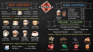 Lanzaga Bistro coffee menu featuring hot and iced coffee options, organic flavors, and milk choices