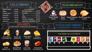 Lanzaga Bistro menu showcasing cold drinks, Peruvian desserts, to-go breakfast, and fountain drinks