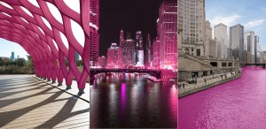 Three sample images from "Chicago in Pink" exhibition, showing Chicago's Jay Pritzker Pavilion, city skyline, and river, all digitally enhanced with pink hues.